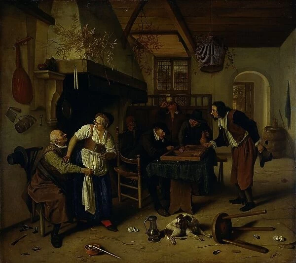 Interior of an inn with an old man amusing himself with the landlady and two men playing backgammon, Creator: Jan Steen