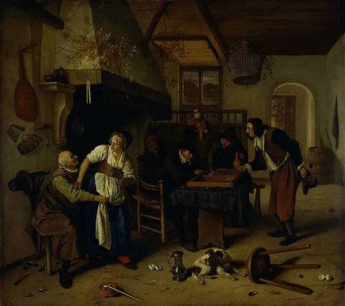 Framed Print : Interior of an inn with an old man amusing himself with the landlady and two men playing backgammon, Creator: Jan Steen Framed Print : Interior of an inn with an old man amusing himself with the landlady and two men playing backgammon, Creator: Jan Steen
