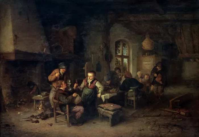 Framed Print : The Interior of an Inn with Nine Peasants and a Hurdy-Gurdy Player, 1653. Artist: Adriaen van Ostade Framed Print : The Interior of an Inn with Nine Peasants and a Hurdy-Gurdy Player, 1653. Artist: Adriaen van Ostade