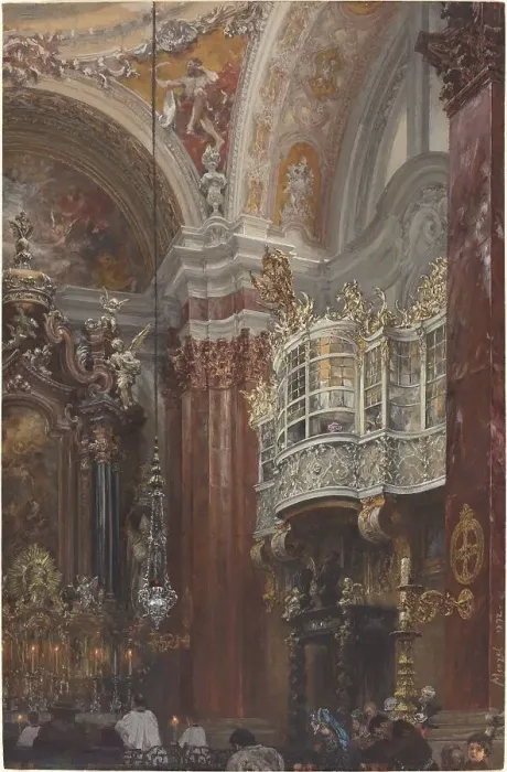 Framed Print : The Interior of the Jacobskirche at Innsbruck, 1872. Creator: Adolph Menzel