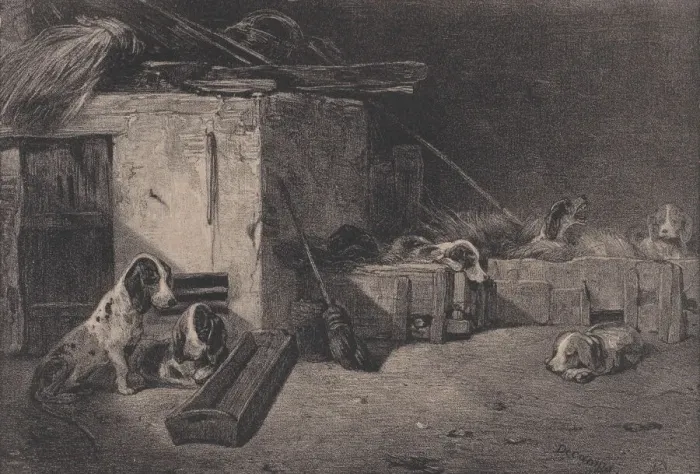 Framed Print : Interior of the Kennel, from the series Hunting Scenes, 1829 Framed Print : Interior of the Kennel, from the series Hunting Scenes, 1829