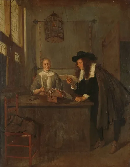 Framed Print : Interior with Lace-Worker and a Visitor, 1650-1668. Creator: Gerritsz Quiringh van Brekelenkam Framed Print : Interior with Lace-Worker and a Visitor, 1650-1668. Creator: Gerritsz Quiringh van Brekelenkam