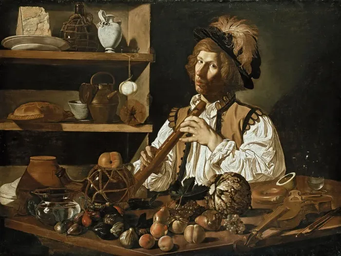 Framed Print : Interior with Still Life and Young Man with Flute, c1615-1616. Creator: Boneri (Cecco del Caravaggio); Francesco (um 1589-um 1620) Framed Print : Interior with Still Life and Young Man with Flute, c1615-1616. Creator: Boneri (Cecco del Caravaggio); Francesco (um 1589-um 1620)