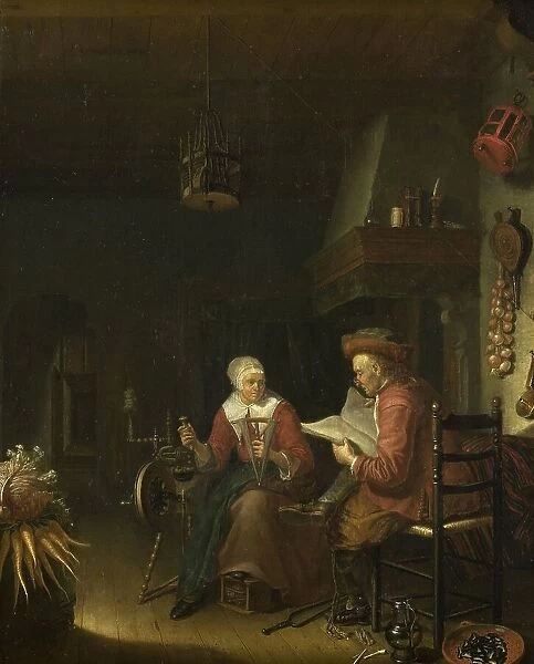 Interior with a man reading and a woman spinning yarn, 1660-1676. Creator: Domenicus van Tol