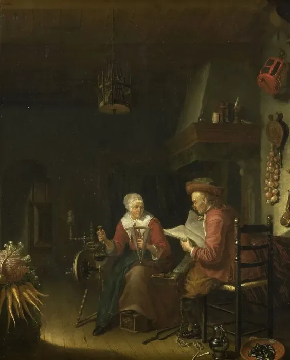 Framed Print : Interior with a man reading and a woman spinning yarn, 1660-1676. Creator: Domenicus van Tol Framed Print : Interior with a man reading and a woman spinning yarn, 1660-1676. Creator: Domenicus van Tol