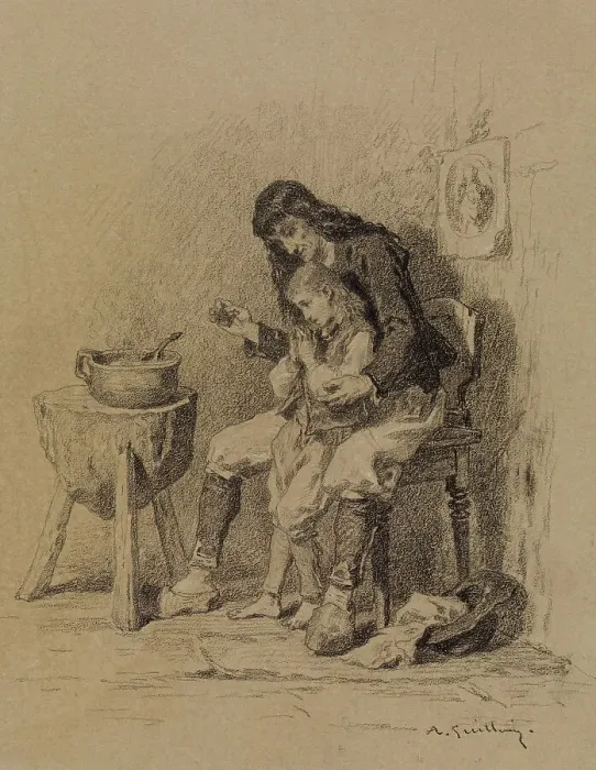 Framed Print : Interior, Man Teaching Boy to Pray, c1840. Creator: Alexandre-Marie Guillemin Framed Print : Interior, Man Teaching Boy to Pray, c1840. Creator: Alexandre-Marie Guillemin