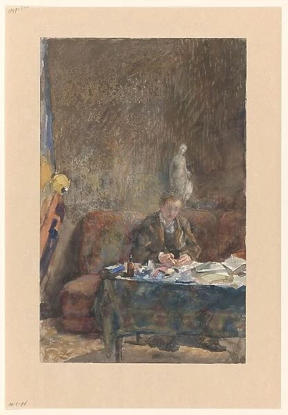 Interior with man writing on sofa behind the table, 1874-1918. Creator: Martinus van Andringa