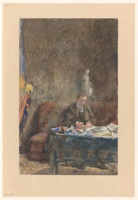 Framed Print : Interior with man writing on sofa behind the table, 1874-1918. Creator: Martinus van Andringa Framed Print : Interior with man writing on sofa behind the table, 1874-1918. Creator: Martinus van Andringa
