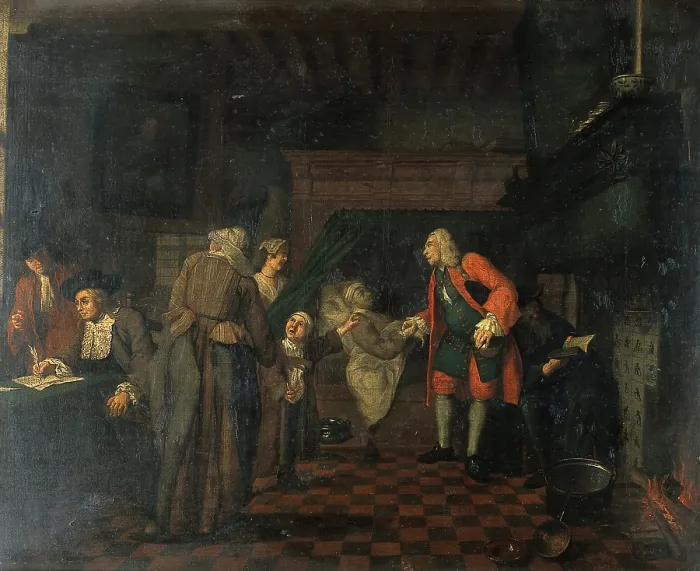 Framed Print : Interior with a medical practitioner attending to a sick man in the presence of other figures, 1751. Creator: Jan Josef Horemans I Framed Print : Interior with a medical practitioner attending to a sick man in the presence of other figures, 1751. Creator: Jan Josef Horemans I