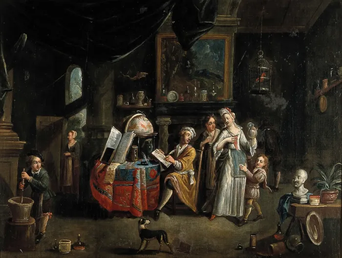 Framed Print : Interior with a medical practitioner, a woman holding a flask, and five other people. Creator: Balthasar van den Bossche Framed Print : Interior with a medical practitioner, a woman holding a flask, and five other people. Creator: Balthasar van den Bossche