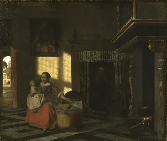 Framed Print : Interior with a Mother close to a Cradle, ca 1665 Framed Print : Interior with a Mother close to a Cradle, ca 1665