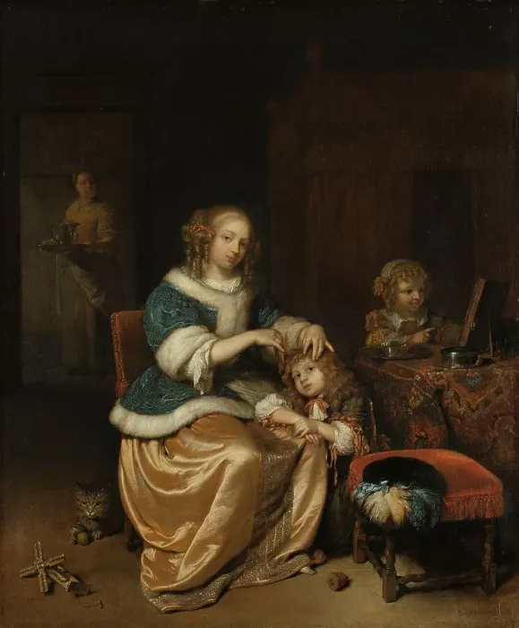 Framed Print : Interior with a Mother Combing her Child's Hair, Known as Maternal Care, 1669. Creator: Gaspar Netscher Framed Print : Interior with a Mother Combing her Child's Hair, Known as Maternal Care, 1669. Creator: Gaspar Netscher