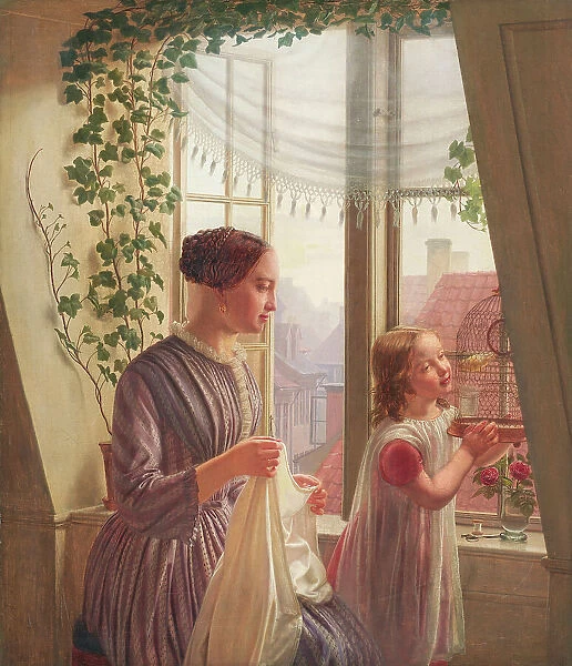 Interior with mother and daughter by window, 1853. Creator: Ludvig August Smith