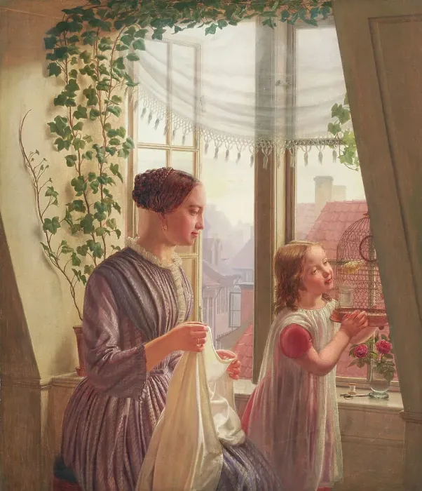 Framed Print : Interior with mother and daughter by window, 1853. Creator: Ludvig August Smith Framed Print : Interior with mother and daughter by window, 1853. Creator: Ludvig August Smith