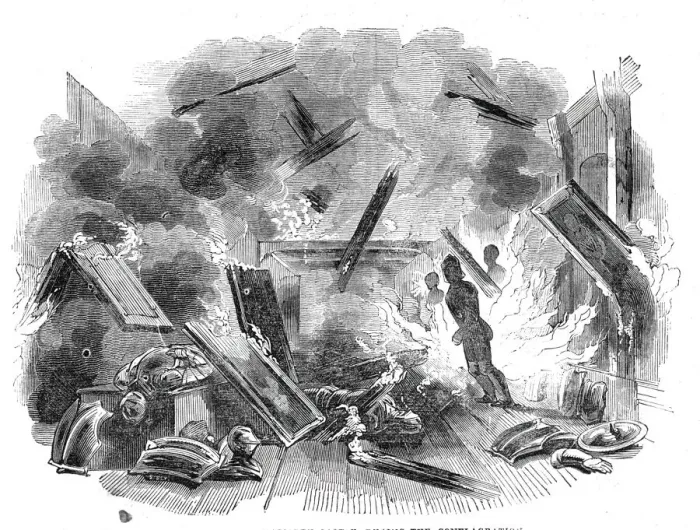 Framed Print : Interior of Naworth Castle, during the conflagration, 1844. Creator: Unknown Framed Print : Interior of Naworth Castle, during the conflagration, 1844. Creator: Unknown