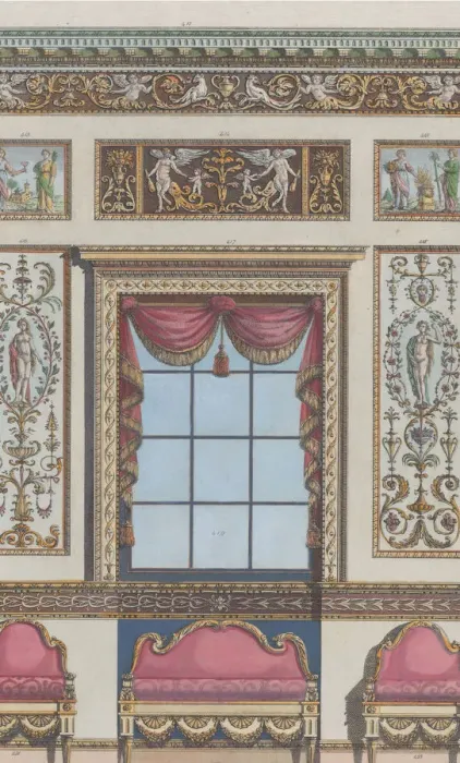 Framed Print : Interior Ornamented Wall with Window and Furniture, nos. 411-424... February 15, 1792 Framed Print : Interior Ornamented Wall with Window and Furniture, nos. 411-424... February 15, 1792