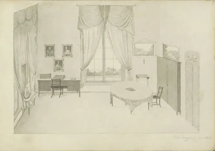 Framed Print : Interior of the palace in Buitenzorg in West-Java, 1842. Creator: Anon