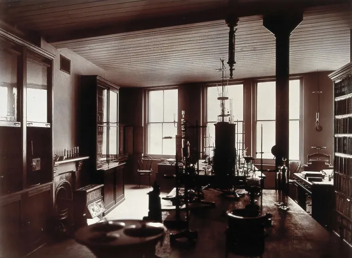 Framed Print : The interior of a pharmaceutical or chemical laboratory, with two long benches in the centre, glass. Creator: Unknown Framed Print : The interior of a pharmaceutical or chemical laboratory, with two long benches in the centre, glass. Creator: Unknown