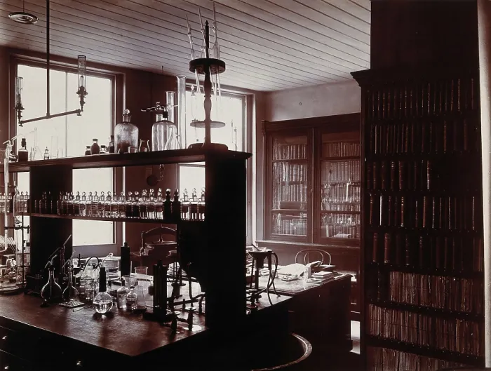 Framed Print : The interior of a pharmaceutical or chemical laboratory with a bench... c1890s. Creator: Unknown Framed Print : The interior of a pharmaceutical or chemical laboratory with a bench... c1890s. Creator: Unknown