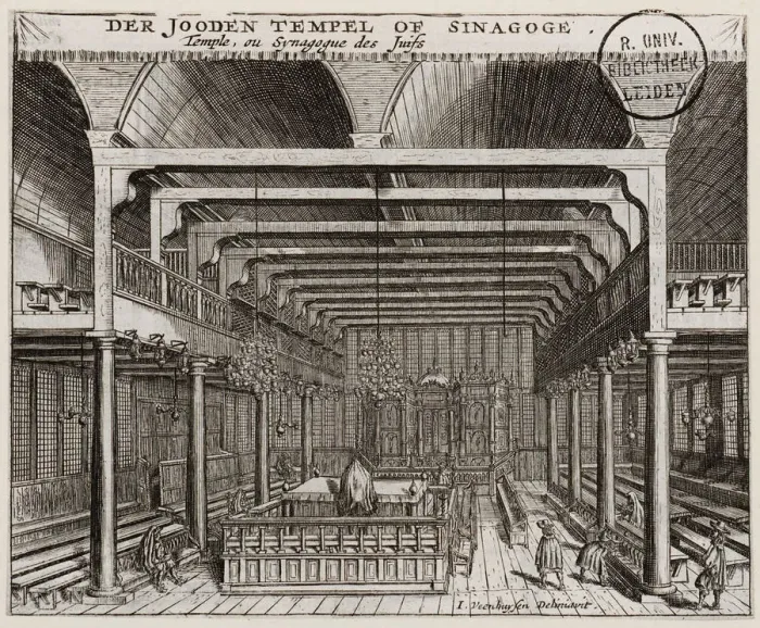 Framed Print : Interior of the Portuguese Synagogue in Amsterdam. Artist: Veenhuysen, Jan (active 1656-1685) Framed Print : Interior of the Portuguese Synagogue in Amsterdam. Artist: Veenhuysen, Jan (active 1656-1685)