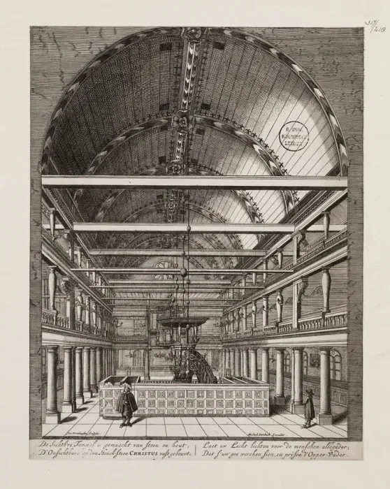 Framed Print : Interior of the Portuguese Synagogue in Amsterdam. Artist: Veenhuysen, Jan (active 1656-1685) Framed Print : Interior of the Portuguese Synagogue in Amsterdam. Artist: Veenhuysen, Jan (active 1656-1685)