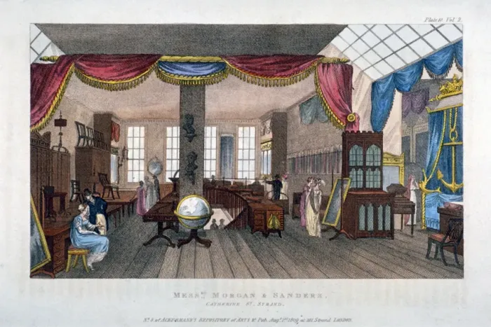 Framed Print : Interior of the premises of Morgan and Sanders, Catherine Street, Westminster, London, 1809 Framed Print : Interior of the premises of Morgan and Sanders, Catherine Street, Westminster, London, 1809