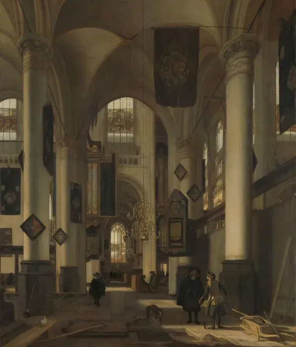 Framed Print : Interior of a Protestant Gothic Church with Motifs from the Oude and Nieuwe Kerk in... 1660-1680. Creator: Emanuel de Witte Framed Print : Interior of a Protestant Gothic Church with Motifs from the Oude and Nieuwe Kerk in... 1660-1680. Creator: Emanuel de Witte