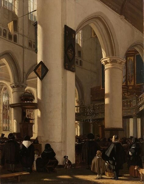 Interior of a Protestant, Gothic Church during a Service, 1669. Creator: Emanuel de Witte
