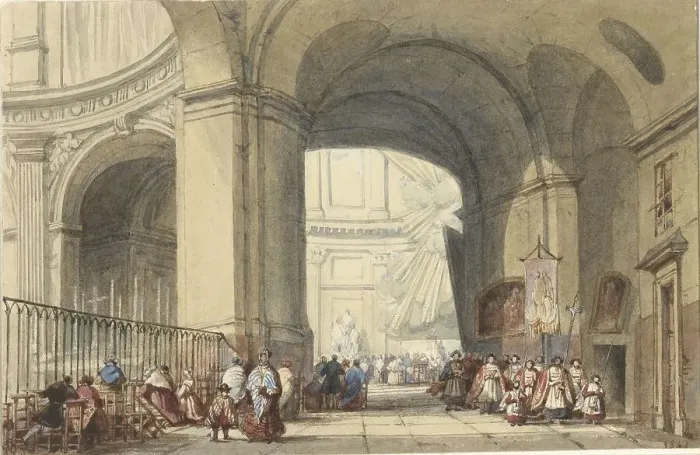 Framed Print : Interior of the S. Roche in Paris, with a procession in the foreground, 1848. Creator: Eugene Louis Lami Framed Print : Interior of the S. Roche in Paris, with a procession in the foreground, 1848. Creator: Eugene Louis Lami