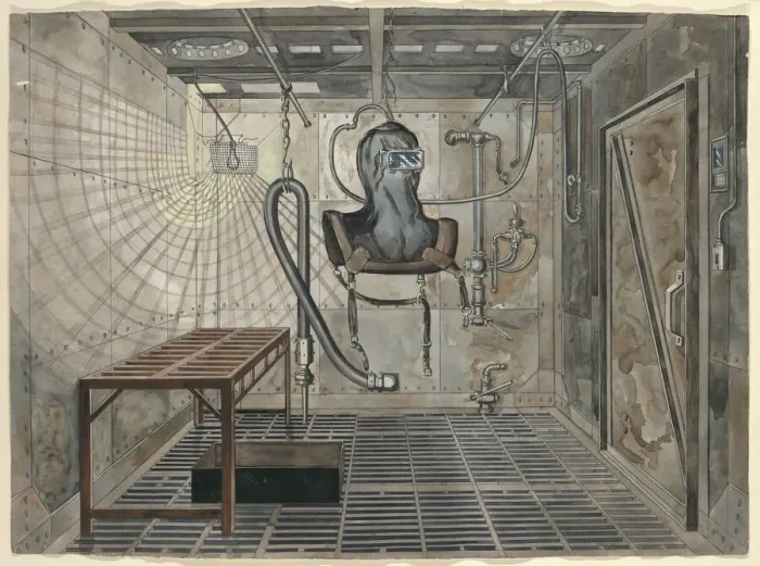 Framed Print : Interior Sand Blasting Chamber, 1935, c. 1947. Creator: Perkins Harnly Framed Print : Interior Sand Blasting Chamber, 1935, c. 1947. Creator: Perkins Harnly