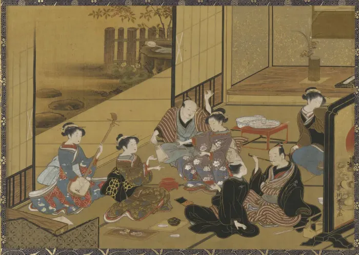 Framed Print : Interior scene of a party with geisha and clients, 1735-1814 Framed Print : Interior scene of a party with geisha and clients, 1735-1814