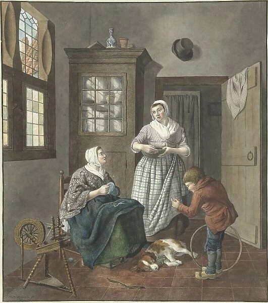Interior with sewing woman, maid and playing boy, 1797. Creator: Hendrik Jan van Amerom