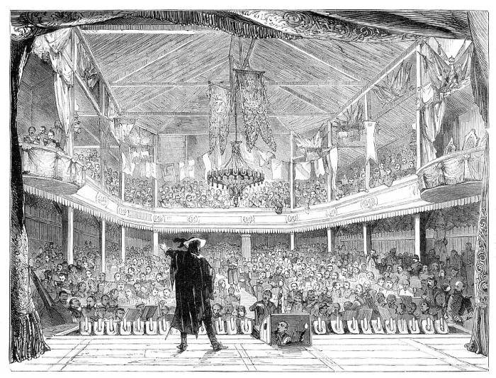 Framed Print : Interior of the Soldiers Theatre at Mourmelon-le-Grand, Chalons Camp... 1860. Creator: Unknown Framed Print : Interior of the Soldiers Theatre at Mourmelon-le-Grand, Chalons Camp... 1860. Creator: Unknown