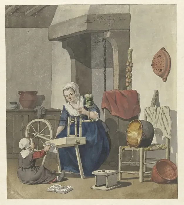 Framed Print : Interior with a spinning woman with a child, 1796. Creator: W. Barthautz Framed Print : Interior with a spinning woman with a child, 1796. Creator: W. Barthautz