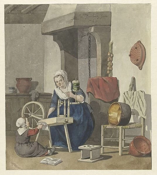 Interior with a spinning woman with a child, 1796. Creator: W. Barthautz