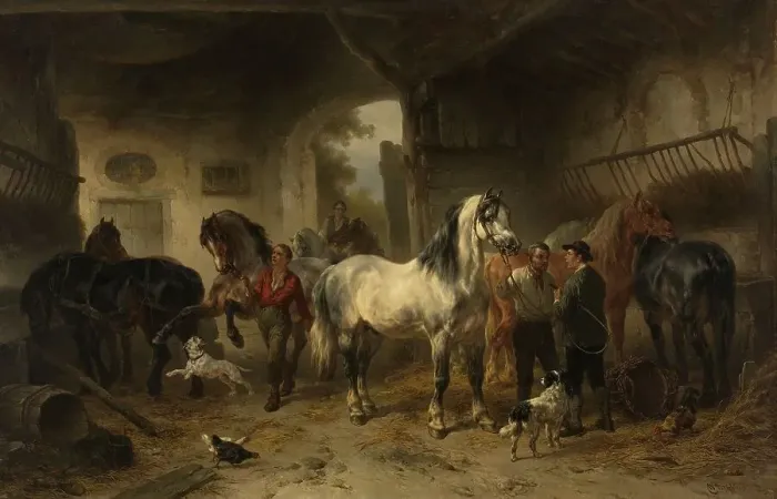 Framed Print : Interior of a stable with horses and figures, 1850-1874. Creator: Wouterus Verschuur Framed Print : Interior of a stable with horses and figures, 1850-1874. Creator: Wouterus Verschuur