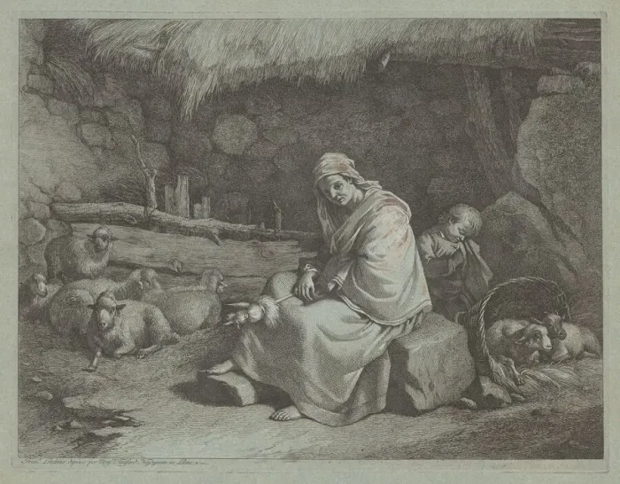 Framed Print : Interior of a Stable with a Seated Spinner and Sleeping Child, 1759 / 1782 Framed Print : Interior of a Stable with a Seated Spinner and Sleeping Child, 1759 / 1782