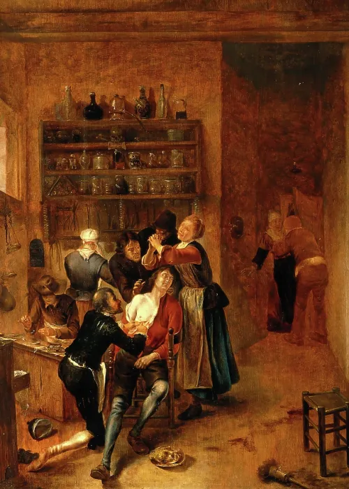 Framed Print : Interior with a surgeon attending to a chest wound, c1670s. Creator: Gerrit Lundens Framed Print : Interior with a surgeon attending to a chest wound, c1670s. Creator: Gerrit Lundens