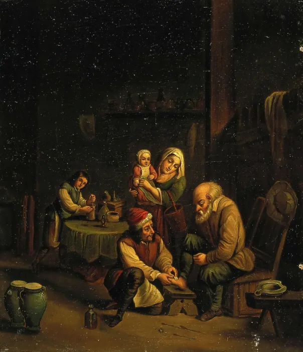 Framed Print : Interior with a surgeon attending to a man's foot, and three other figures, c1680s. Creators: Unknown, Follower of David Teniers II. Interior with a surgeon attending to a man's foot, and three other figures, c1680s Framed Print : Interior with a surgeon attending to a man's foot, and three other figures, c1680s. Creators: Unknown, Follower of David Teniers II. Interior with a surgeon attending to a man's foot, and three other figures, c1680s