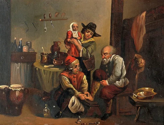 Framed Print : Interior of a surgery with a surgeon attending to a man's foot, and a woman... c1680s. Creators: Unknown, Follower of David Teniers II. Interior of a surgery with a surgeon attending to a man's foot, and a woman... c1680s Framed Print : Interior of a surgery with a surgeon attending to a man's foot, and a woman... c1680s. Creators: Unknown, Follower of David Teniers II. Interior of a surgery with a surgeon attending to a man's foot, and a woman... c1680s