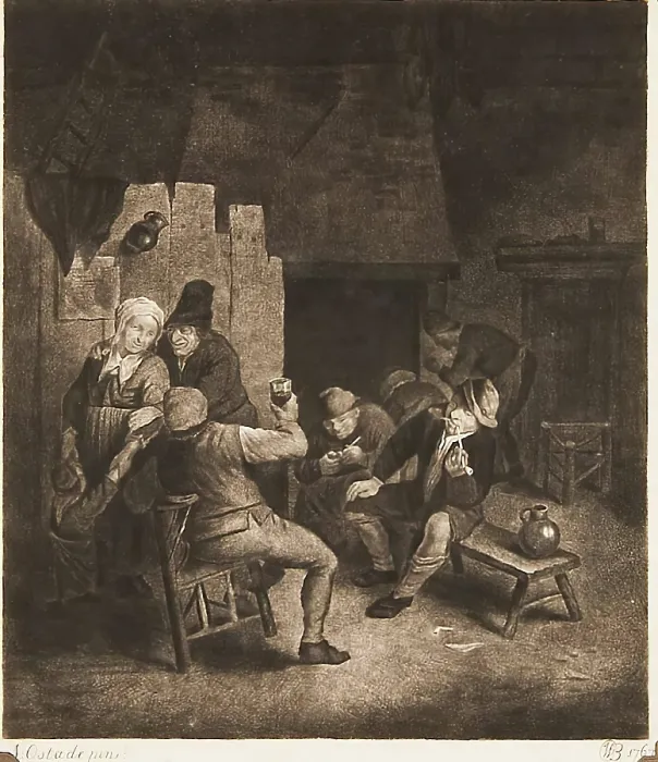 Framed Print : Interior of a Tavern with a Company of Six Men, a Woman and a Child, (c1660s), c1774. Creator: William Baillie Framed Print : Interior of a Tavern with a Company of Six Men, a Woman and a Child, (c1660s), c1774. Creator: William Baillie