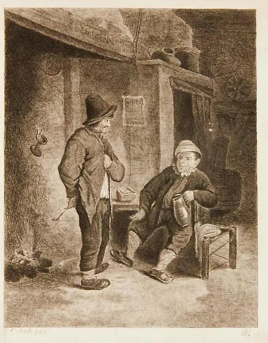Framed Print : Interior of a Tavern, with two peasants, (c1645), 1780s Creator: William Baillie Framed Print : Interior of a Tavern, with two peasants, (c1645), 1780s Creator: William Baillie