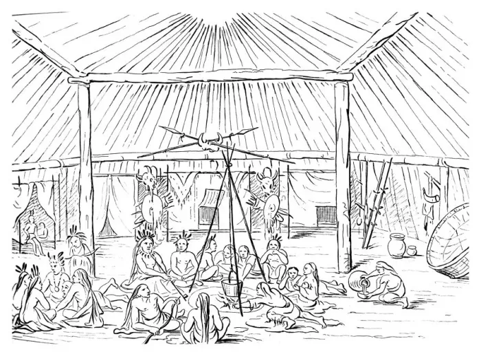 Framed Print : Interior of a Teepee, 1841. Artist: Myers and Co Framed Print : Interior of a Teepee, 1841. Artist: Myers and Co