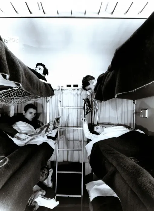 Framed Print : Interior of a traveler car wagon with bunks, 1950