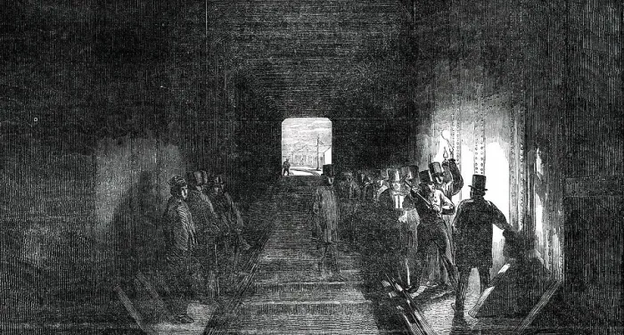 Framed Print : Interior of the Tube - Mr. Stephenson Driving the Last Rivet, 1850. Creator: Unknown Framed Print : Interior of the Tube - Mr. Stephenson Driving the Last Rivet, 1850. Creator: Unknown