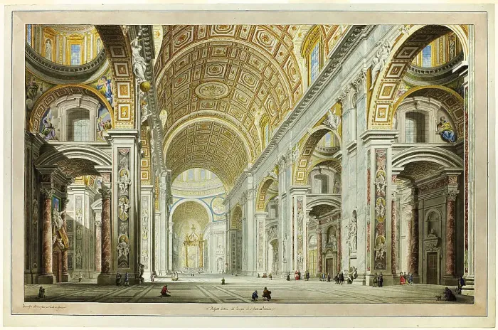 Framed Print : Interior View of the Church of St. Peter's in the Vatican, c.1770. Creator: Francesco Panini Framed Print : Interior View of the Church of St. Peter's in the Vatican, c.1770. Creator: Francesco Panini
