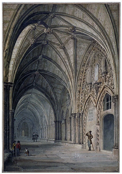 Interior view of the cloisters in Westminster Abbey, London, c1830