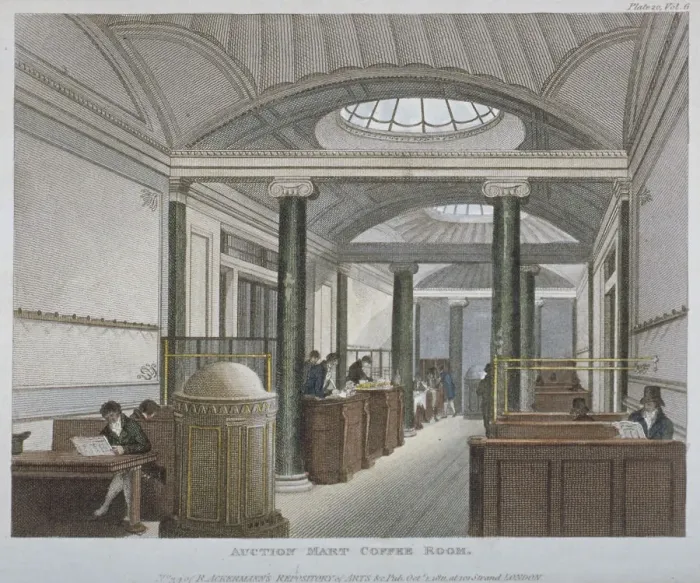 Framed Print : Interior view of the coffee room at the Auction Mart, Bartholomew Lane, City of London, 1811 Framed Print : Interior view of the coffee room at the Auction Mart, Bartholomew Lane, City of London, 1811