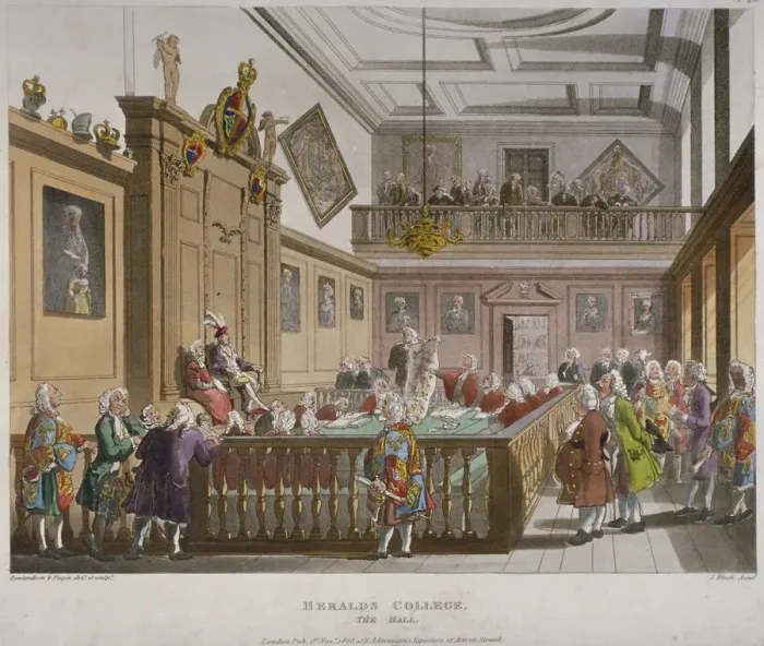 Framed Print : Interior view of the College of Arms Hall with figures engaged in discussion, City of London Framed Print : Interior view of the College of Arms Hall with figures engaged in discussion, City of London