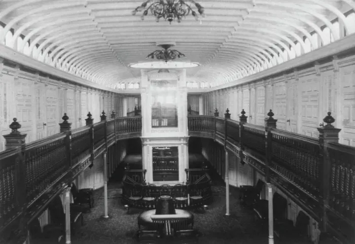 Framed Print : Interior view of galleried central parlor with clerestory, c1900. Creator: Frances Benjamin Johnston Framed Print : Interior view of galleried central parlor with clerestory, c1900. Creator: Frances Benjamin Johnston
